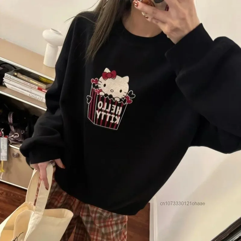 Sanrio Hello Kitty Fun Cartoon Print Hoodie Women's Autumn Winter New Loose Casual Pullover Korean Version Trendy Versatile Top