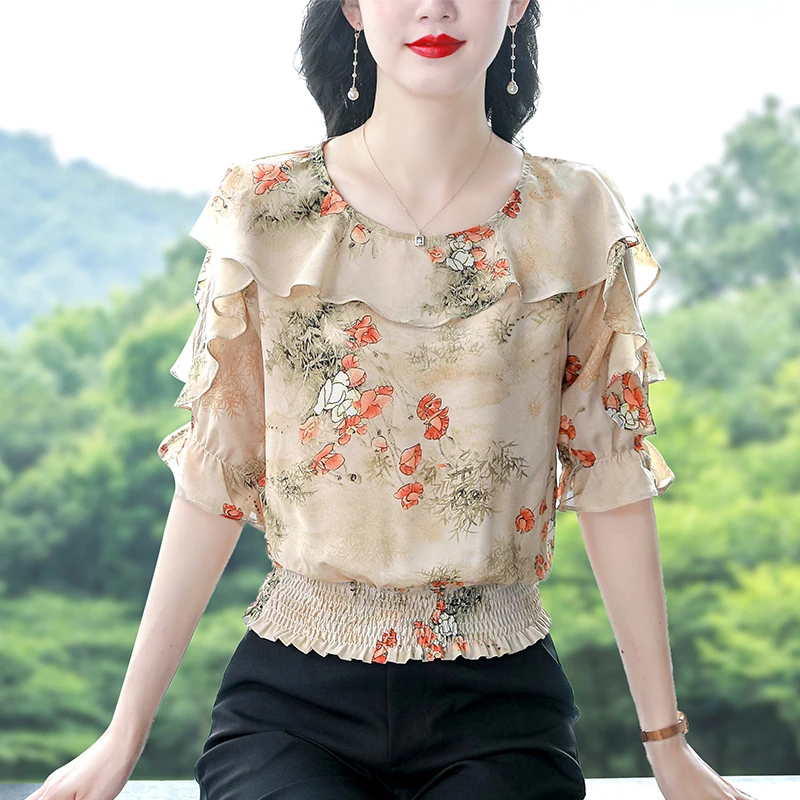 Summer 2024 Fashion Mesh splicing lady tops Elegant Half Sleeve Women blouse Ruffles Floral Printed Chiffon Shirt