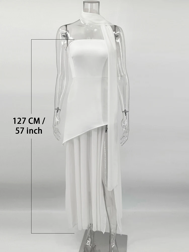 2025Spring New Women Dress Fashion Strapless Dress With Ribbon Female Elegant Sleeveless Mesh Beach Vacation Long Dress