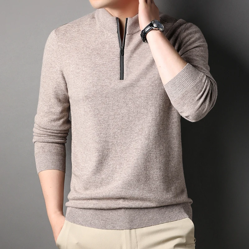 New 100% Wool Zipper Collar Men's Sweaters High Quality Solid Color Computer Knitted Spring Autumn Simple Man Sweaters 4XL