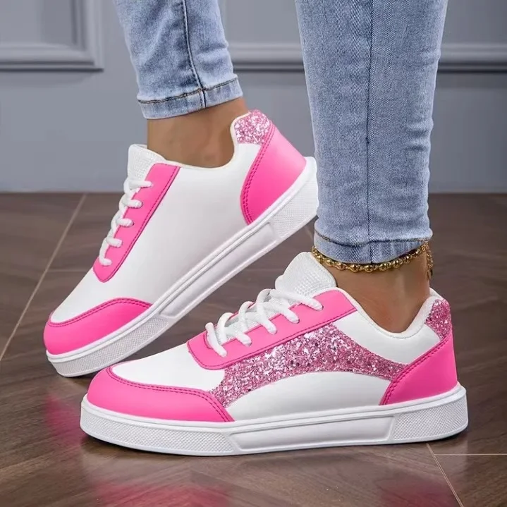 Women Glitter Skate Shoes Pink White Color Matching Sneakers Fashion Lace-up Casual Flat Walking Shoes Ladies Daily Streetwear F
