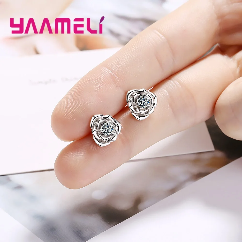 

Exquisite 925 Sterling Silver Rose Flower Crystal Cubic Zircon Stud Earrings for Women Girls Wedding Party Fashion Jewelry Gifts
