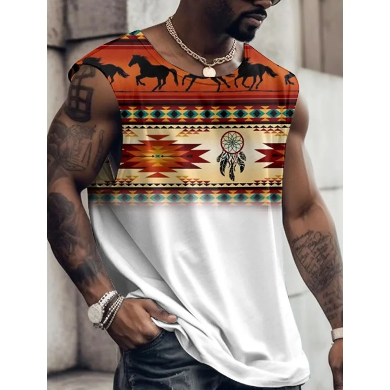 3D Printed Retro Ethnic Tank Tops For Men Color Block Pattern Tees Summer Loose Sports Street Round Neck Vest Casual Tops