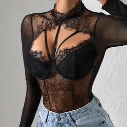 Oversized Trend Sexy Hollow Out Lace Long Sleeve Corset T-Shirts Spring Summer Women Clothes Fashionable V-neck Skinny Top Tee