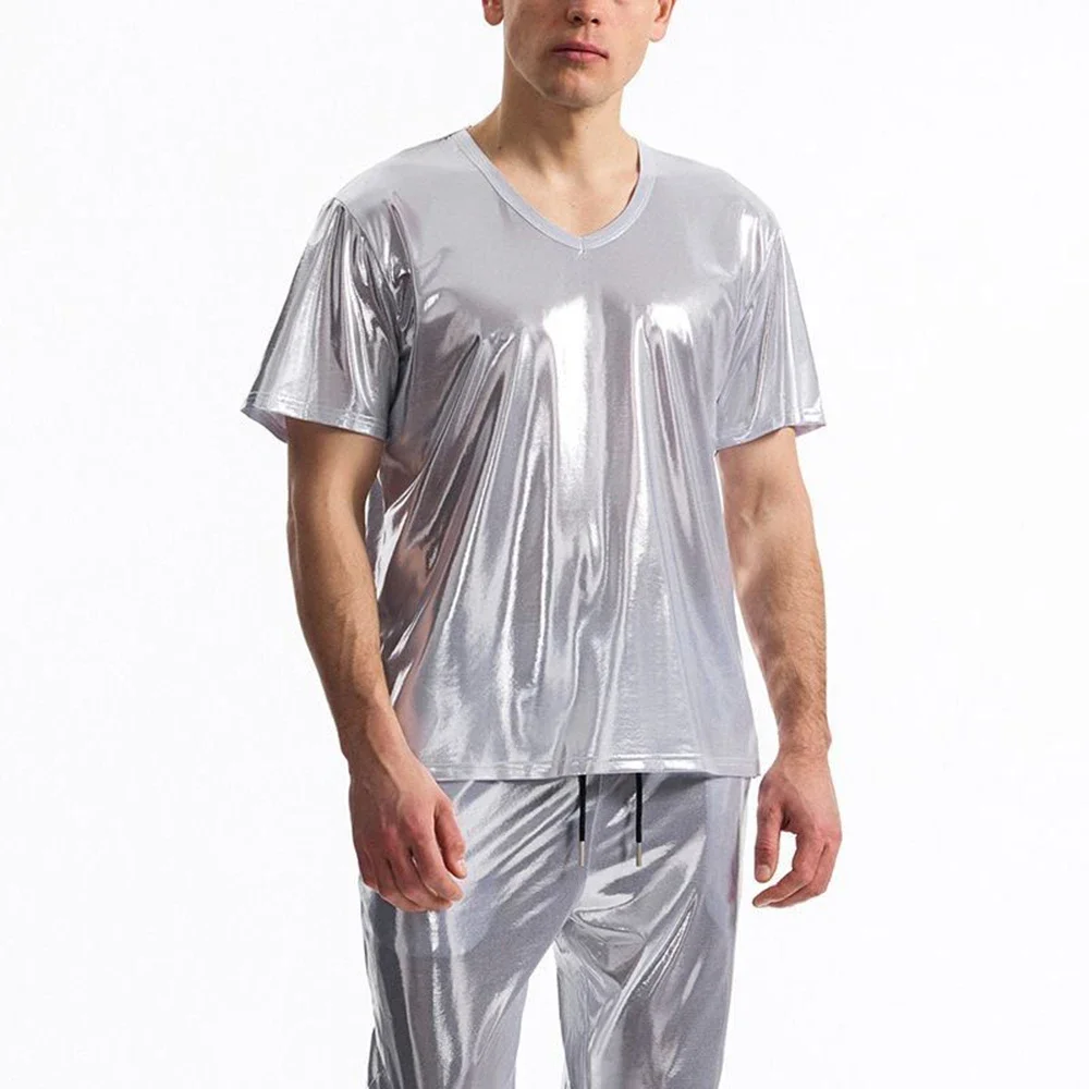 Mens T-Shirt With Shiny Gold Foil Ballroom T-Shirt Streetwear Nightclub Stage Performance Trendy Short Sleeve Top Men'S 2025 New