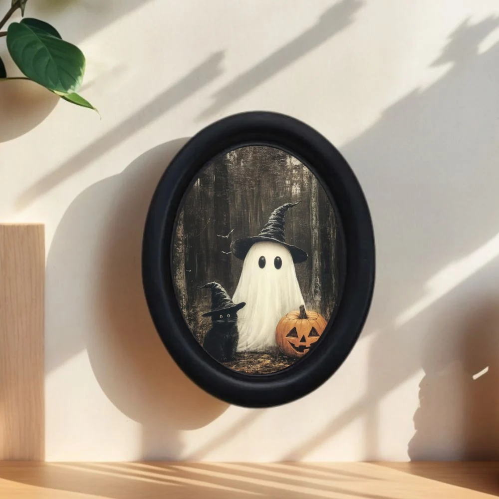 1 Piece of Vintage Halloween Ghost and Black Cat Decoration with Witch Hat - Handmade Oval Wooden Decorative Wall Art (5.25* 4.16inch), Oval Decoration, Halloween, Christmas, Thanksgiving Victorian Room Dark Decoration