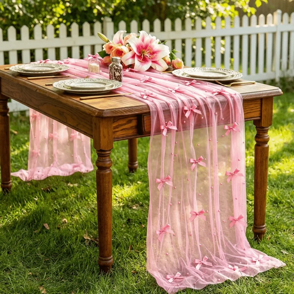 Romantic Bow Pearl Chiffon Runner Semi-Transparent Luxury Tulle Table Runner Decorative Polyester Wedding Table Runner Party
