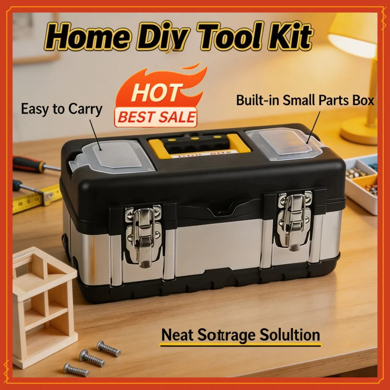 1 Portable Double Layer Storage Box Stainless Steel Multi-function Thickened Anti-fall Household Plastic Hardware Tool Box