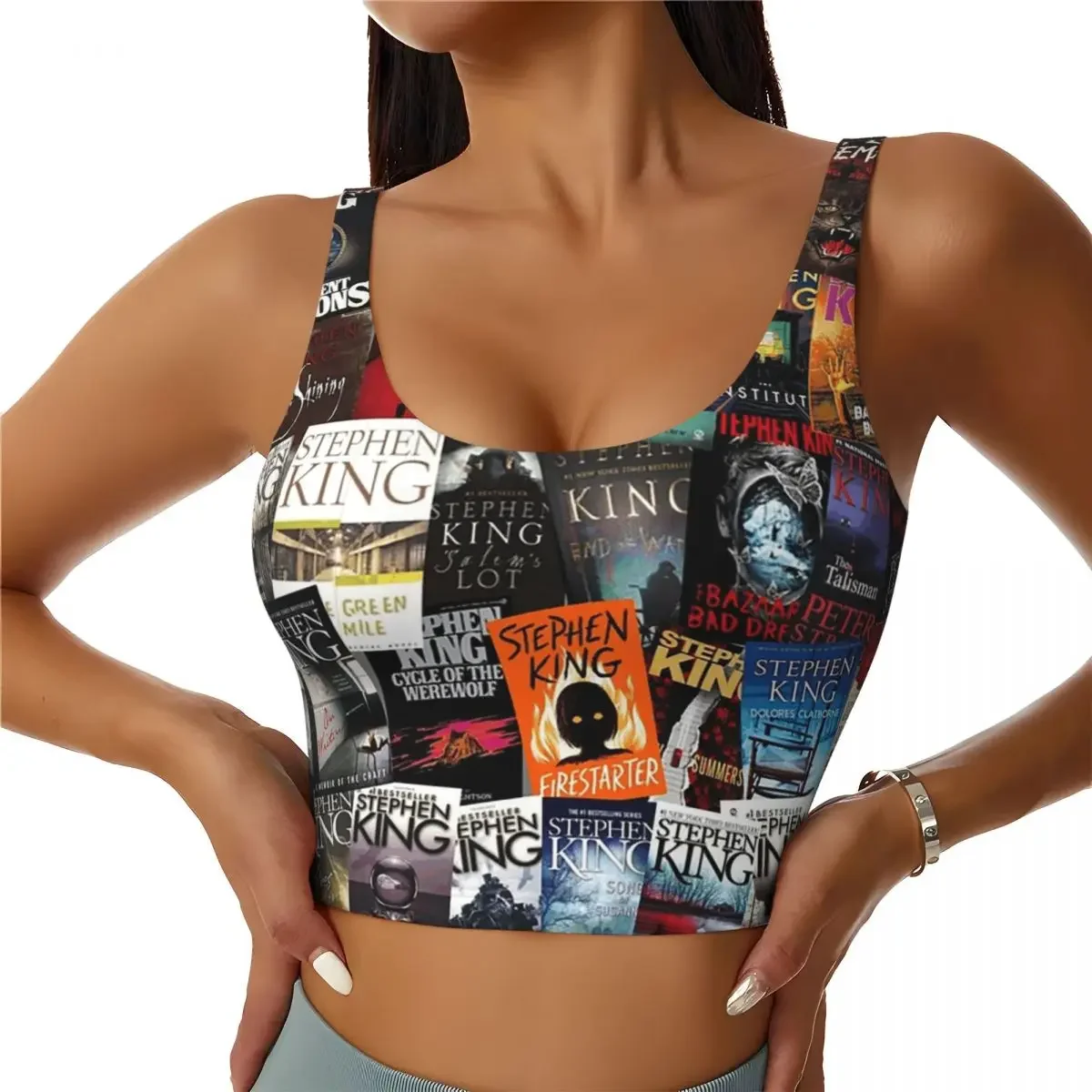 Custom Stephen King Book Covers, Horror Bookworm Women Sports Bra High Impact Vest Gym Workout Yoga Crop Tank Tops