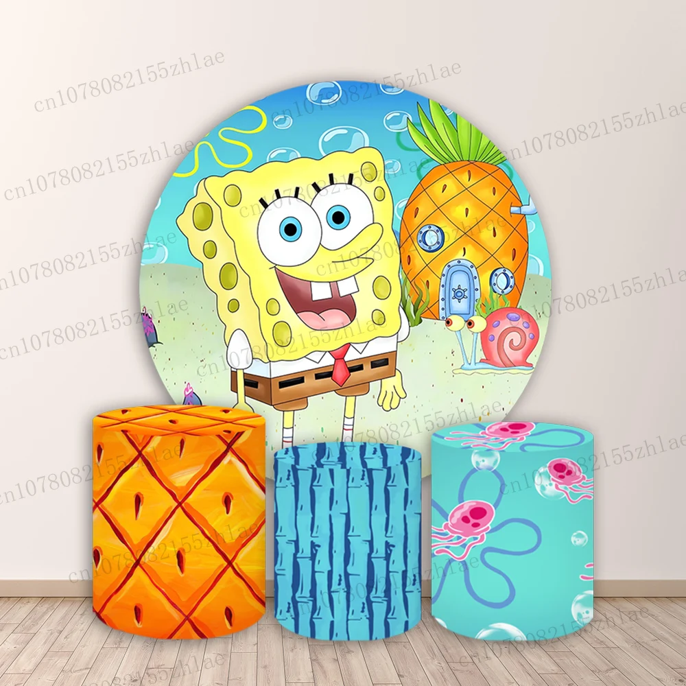 SpongeBob Birthday party Photo Backdrop Baby Shower Photography Backdrop Round&Cylinders Plinth Covers Photo Background Banner