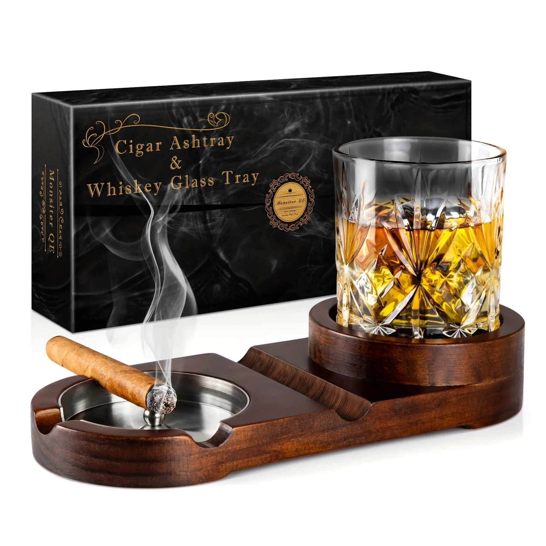 1 Ashtray, Removable Wooden Ashtray Whiskey Glass Tray Cigar Holder for Indoor & Outdoor Use - Gift for Men And Fathers.