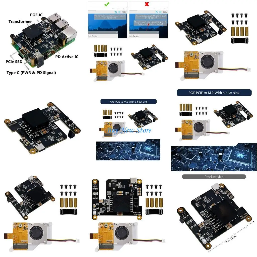 

20CE PCIE to M.2 NVMe SSD Compatibility Adapter For RPI 5 Ethernet Board with Active Cooling Fan Feature