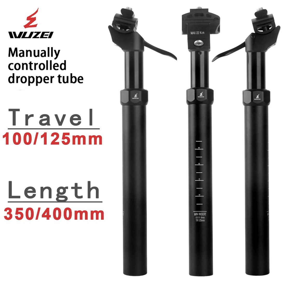 

Велосипедный подседельный штырь WUZEI MTB с ручным управлением, ход 100-125 мм, для горных велосипедов, диаметр 27.2, 30.9, 31.6 мм, длина 350-400 мм