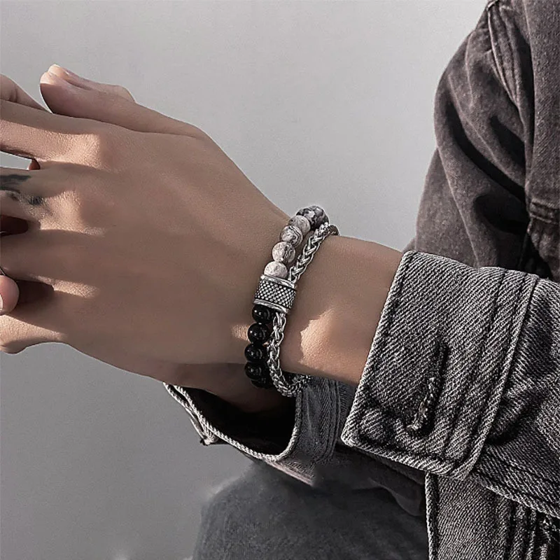 1 Piece Simple Temperament Black Beaded Chain with Natural Stone Beaded Chain Bracelets MEN\'S FASHION Items Holiday Travel Gift
