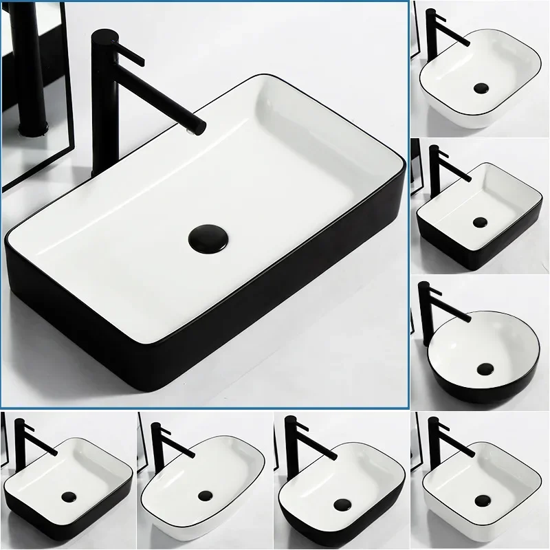 Black and White Ceramic Wash Basin Basin on The Counter Home Balcony Square Hotel Wash Basin Minimalist Art Basin Basin