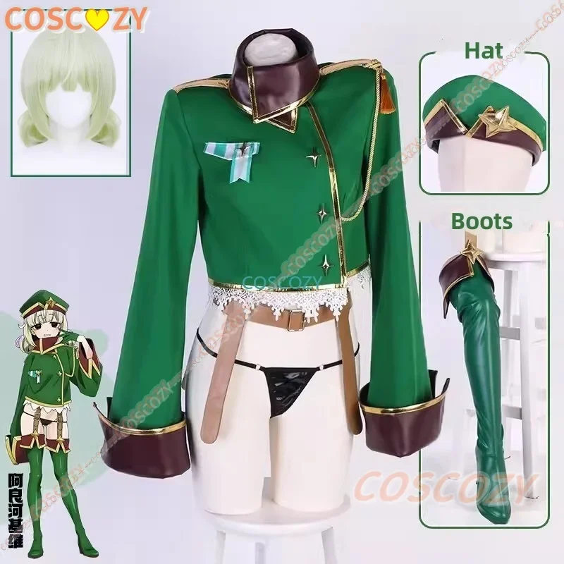 Sprudelt über magische gir araga kiwi cosplay kostüm perücke sexy frauen uniform hut leder lange stiefel grüne perücke araga kiwi cos