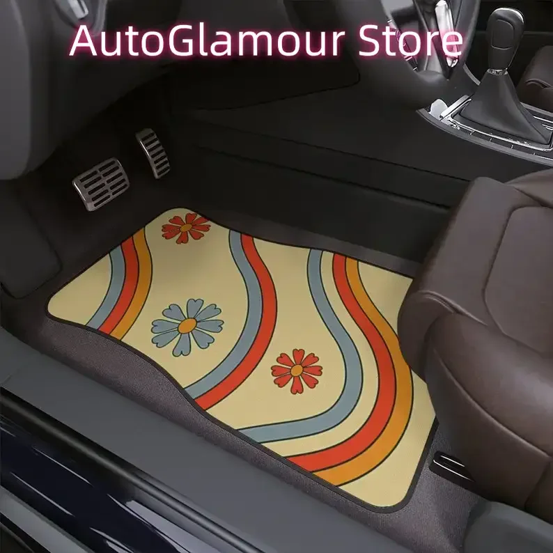 Psychedelic Hippie Flower Vintage Inspired Car Accessory Floor Mats Retro Mod Car Decor Vehicle Hippie Van Truck Car Gift Floor