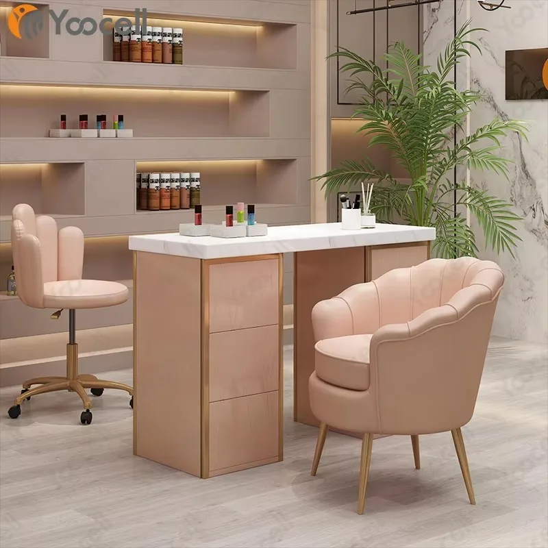 Fashion Luxury Nail Table Set Golden Msrble Top Metal Manicure Shop Microblading Manicure Table