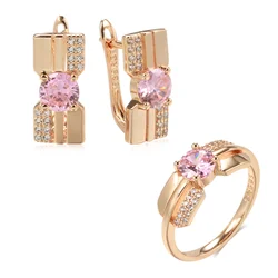 Wbmqda Luxury Pink Crystal Earrings Ring For Women 585 Rose Gold Color With White Natural Zircon Wedding Engagement Jewelry Sets