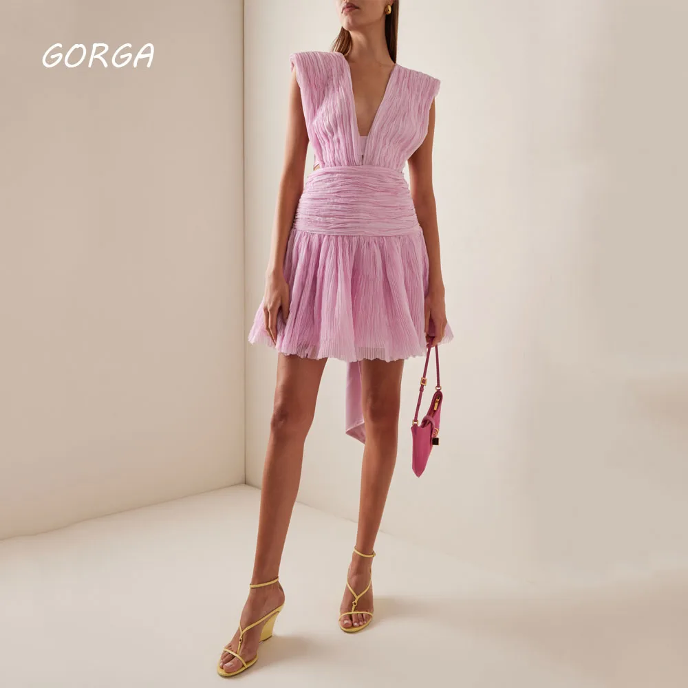 

GORGA Sexy Pink V-Neck Pleat A-LINE 2024 Slim Backless Chiffon Ocassion Gown Knee-Length Evening Dressفستان سهرة نسائي