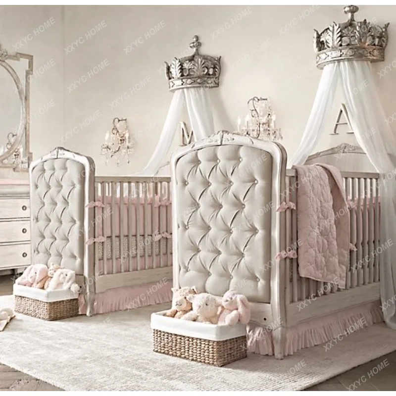 Furniture Oak Solid Wood Vintage Children's Bed Country Soft Bed Crib Children