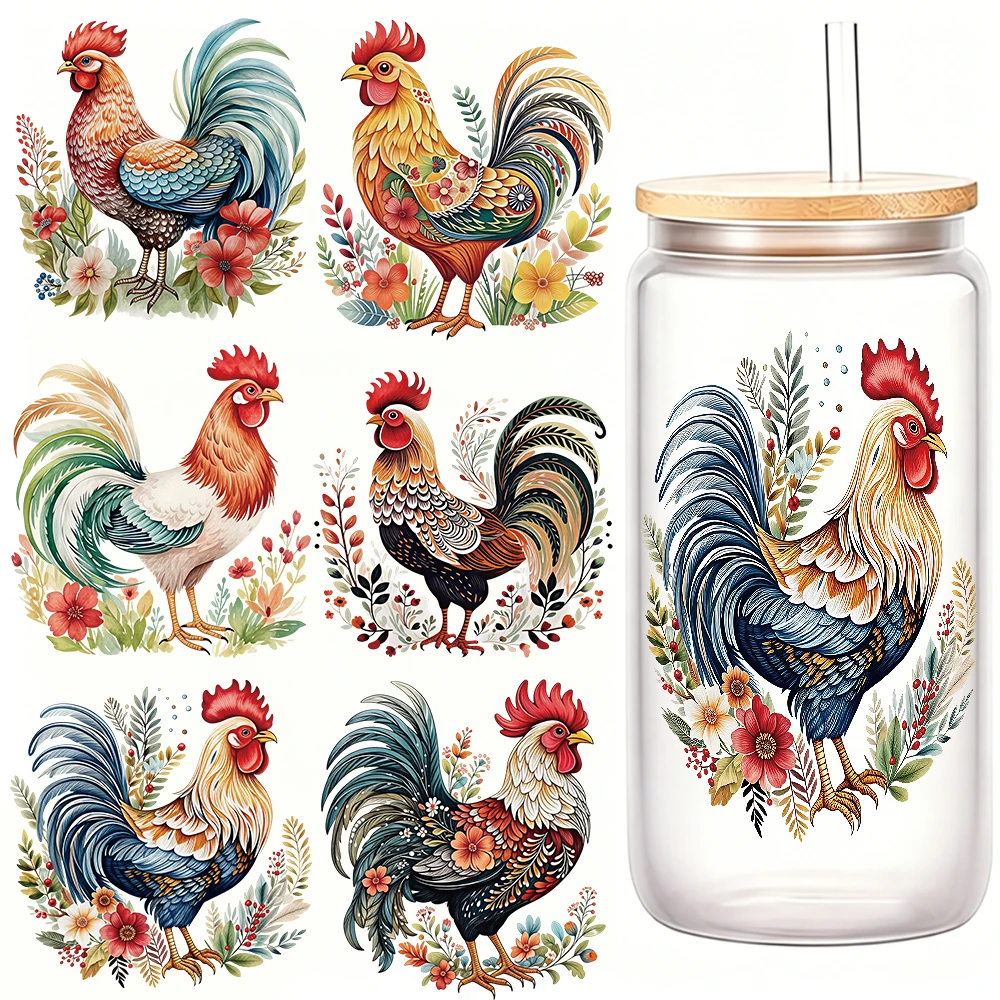 8pcs Watercolor Red Crown Rooster UV DTF Transfer Sticker Lucky Colorful Rooster Glass Vase Self Adhesive Cup Washable Stickers