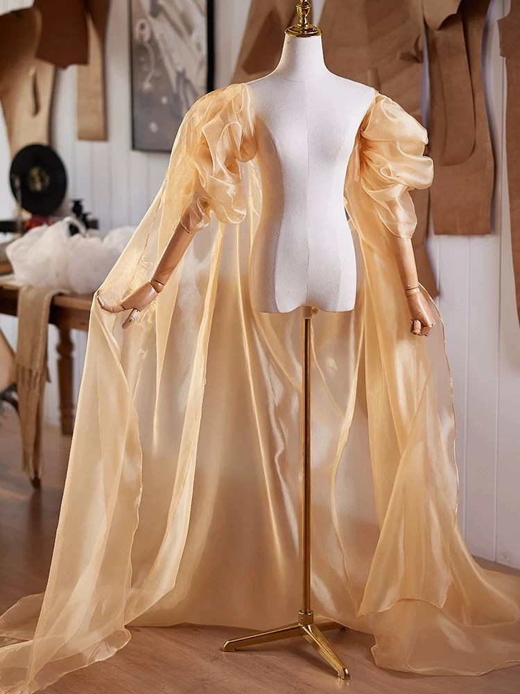 Yellow Wedding Cape Ruffles Bride Cloak Shawl Design 2026 Evening Prom Accessories Luxurious Trail Photography