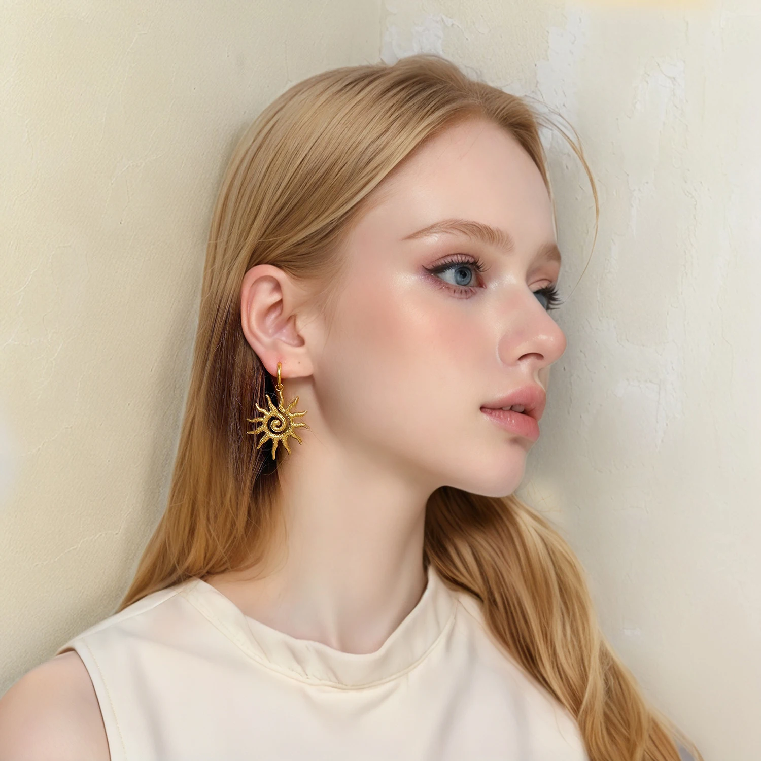 UHBINYCA Vintage Sun Geometric Drop Earrings for Women Golden Stainless Steel Fashion Aesthetic Trend Jewelry Gift
