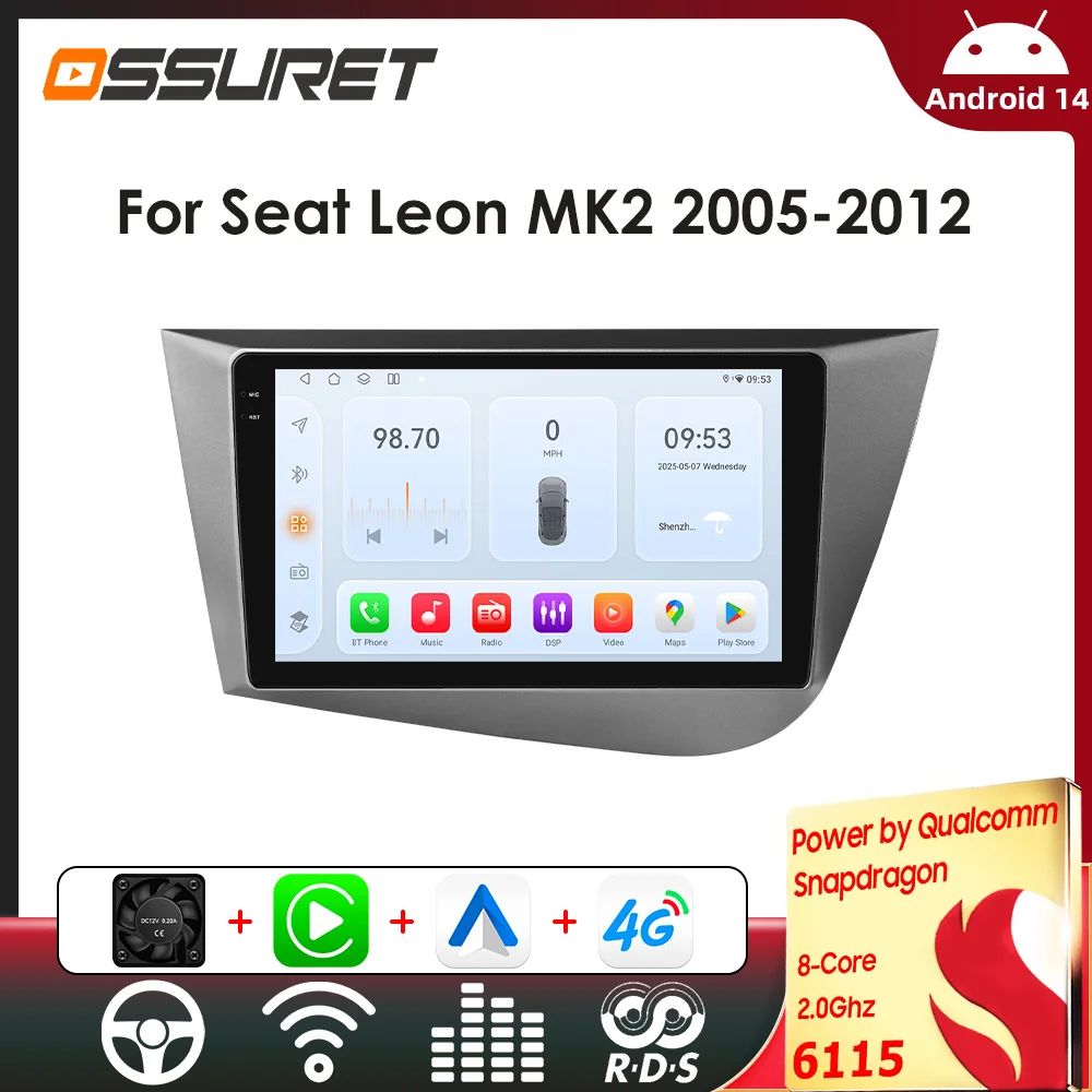Snapdragon 6115 Radio de coche para Seat Leon MK2 2005-2012 sistemas inteligentes Carplay navegación GPS estéreo Android Auto 2din BT 4G