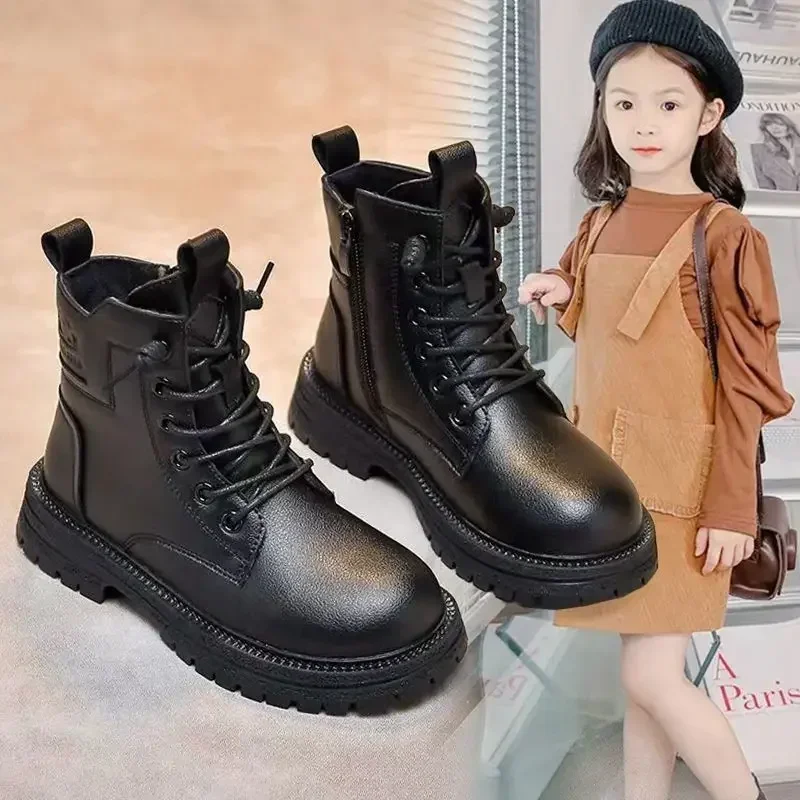 Children's Fashion Boots  Autumn Black Simple Side Zipper Kids Shoes for Girls Winter Plush Warm Princess Knight Catwalk Boots