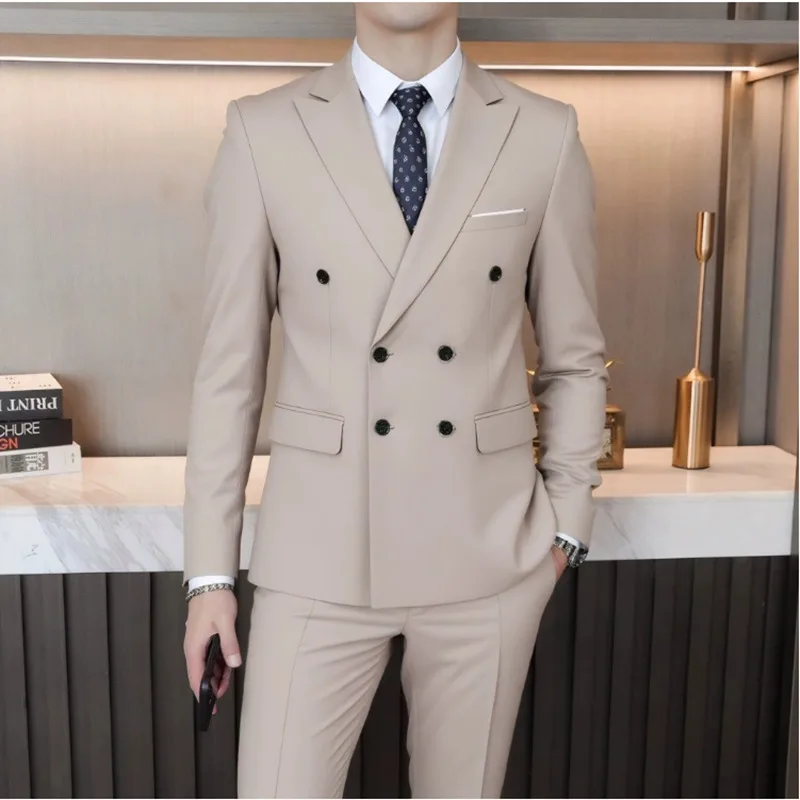 

Double Breasted Mens Suit Four Seasons Wedding Business Formal Slim Fit Tuxedo Jacket Trouser Set