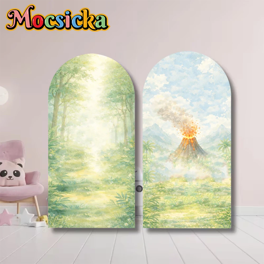 

Mocsicka Arch Background Double-Sided Birthday Party Children Baby Shower Arched Cover Backdrop Grass Volcano Decor Studio Props