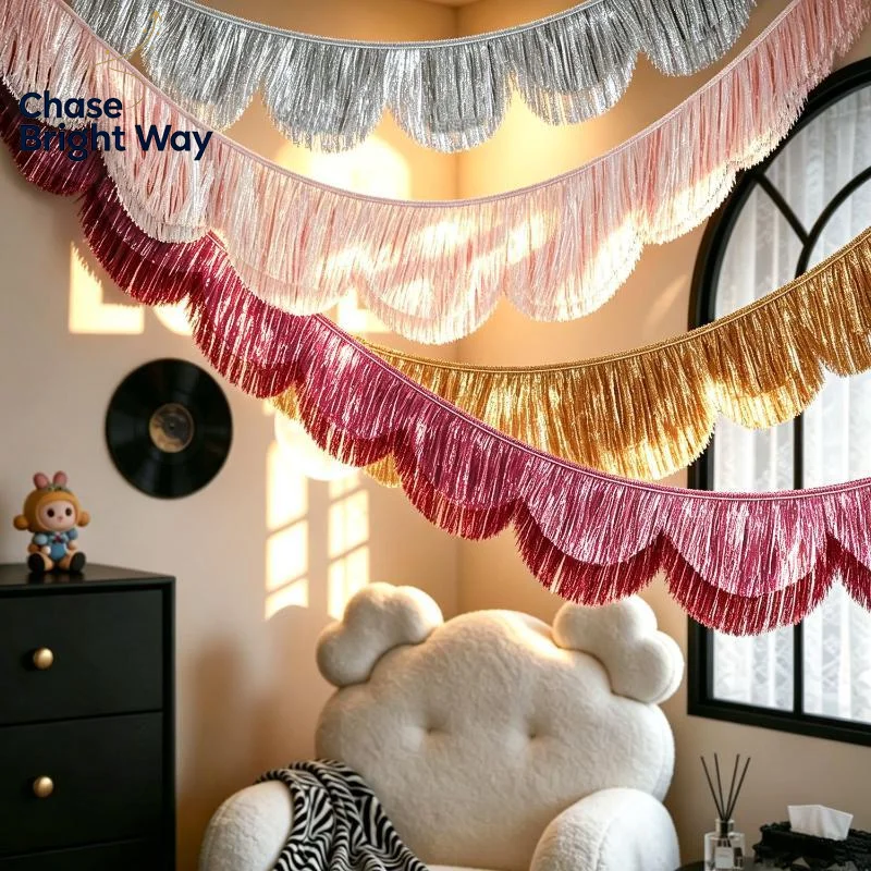 Thickening Metallic Foil Fringe Garland Shiny Multicolor Drizzle Tassel for Baby Shower Gender Reveal Party Decor