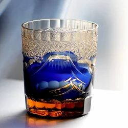 Japanese Edo Kiriko Fuji Mountain Hand Cut To Clear  Whiskey Glass Blue Green Black Red 9oz With Gift Box Free Shipping