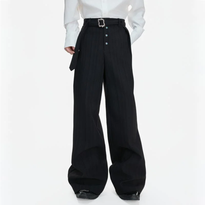 WVGA Spring Autumn New Man Retro Pleated Striped Trendy High-waisted Trousers Niche Chic Chia Casual Belt Wide-Leg Pants W23216