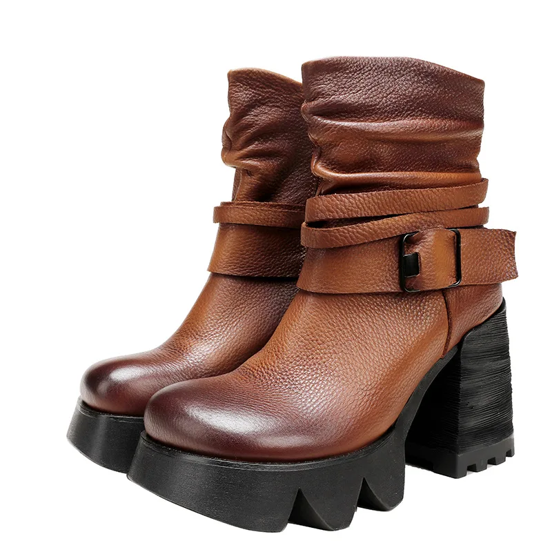 GKTINOO 2024 New Autumn Winter Thick Heel Ankle Boots Women Warm Boots Shoes Handmade Genuine Leather Zipper Retro Boots 34-41