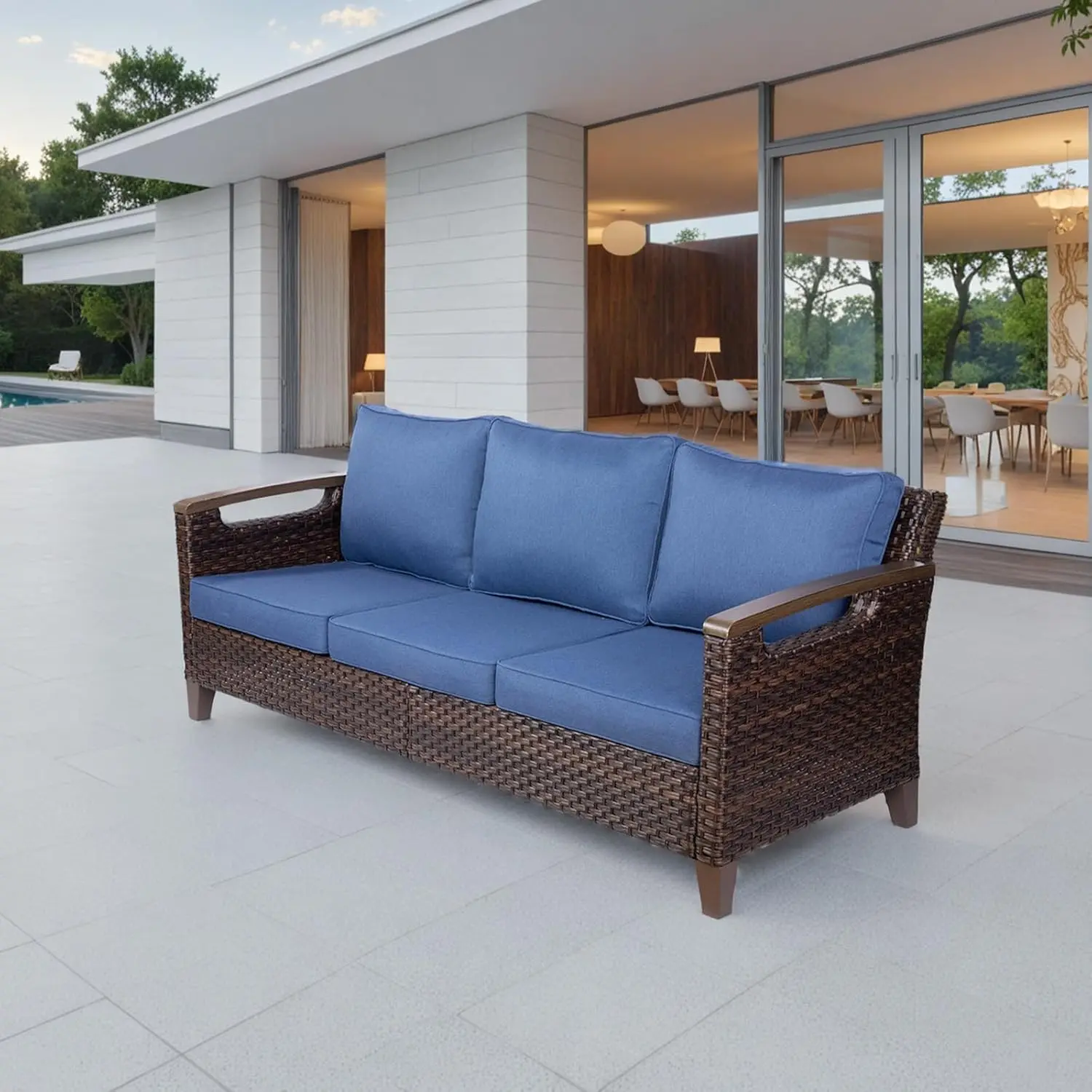 Patio Wicker Sofa, Furniture Steel Frame with Metal Armrests and Deep Seat, Outdoor Sectional Couch with High Back