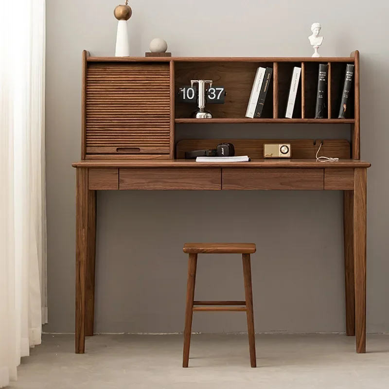 โต๊ะทำงานไม้เนื้อแข็งวอลนัทสีดำสไตล์นอร์ดิก ชั้นวางหนังสือไม้ซุงสไตล์ญี่ปุ่น โต๊ะทำงานสำนักงานแบบเรียบง่าย
