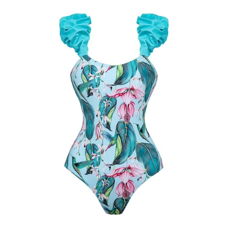 Green Suspender Ruffle Swimsuit High Waist One-Piece Suits Cutout Bikini and Pink Chiffon Skirt Elegant Suitable Women Купальник