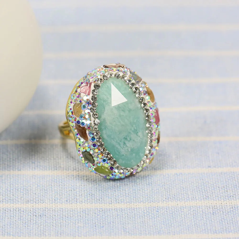 G-G Real Blue Amazonite Tourmaline Colorful CZ Paved Rings Adjustable Handmade Stone Ring Lady Simple Gifts
