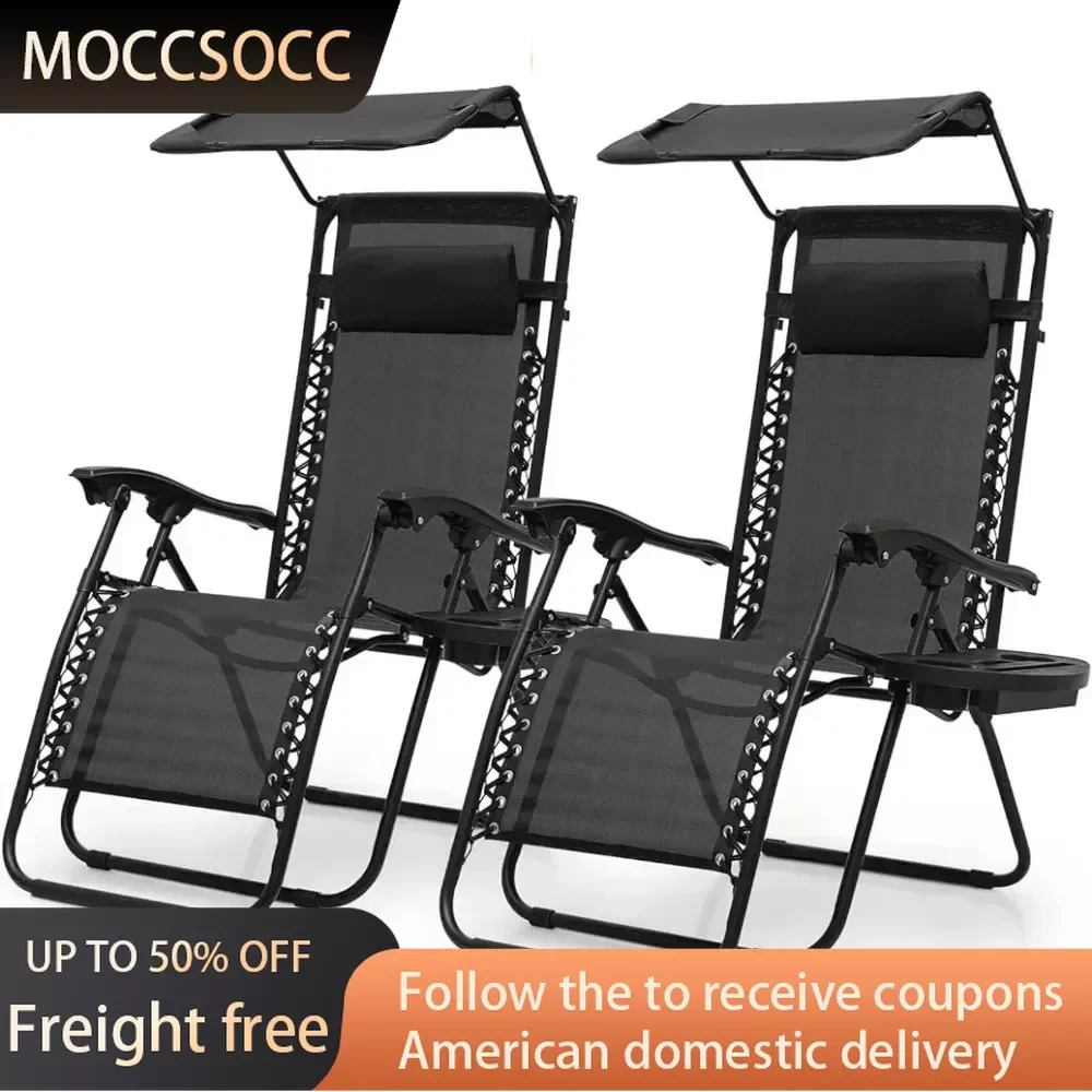 2 PCS Zero Gravity Chairs Folding Outdoor Recliner Patio Beach Lounge Chairs With Canopy Shade Lightweight Chair 330lbs Capacity