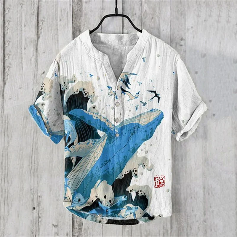 

2024 Independent Station New Creative Minimalist Element Print Summer Relaxed Short Sleeve Bamboo Knot Linen Shirt