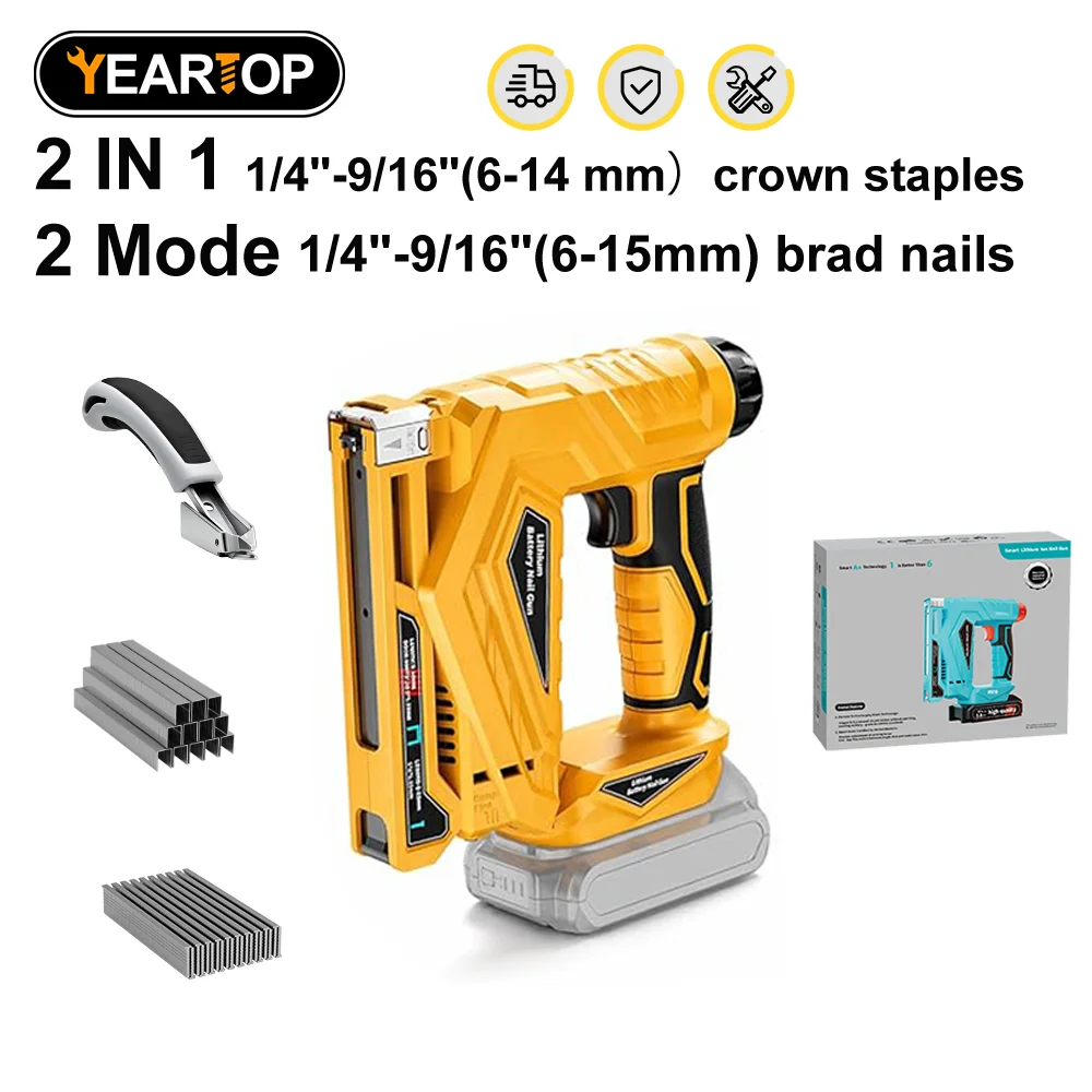 YEARTOP 2Mode Electric Nailer Stapler Gun Nail Gun Cordless Stapler Nailing Tacker Woodworking Power Tool Compatible with Dewalt