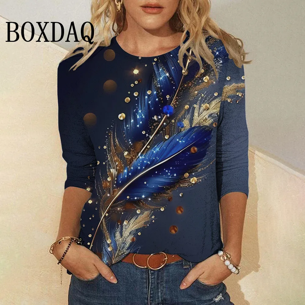 

Feather Printed Women's Autumn/Winter Clothing Round-Neck Long Sleeves Fashions T-Shirts Casual Loose Oversized Tops New Styles