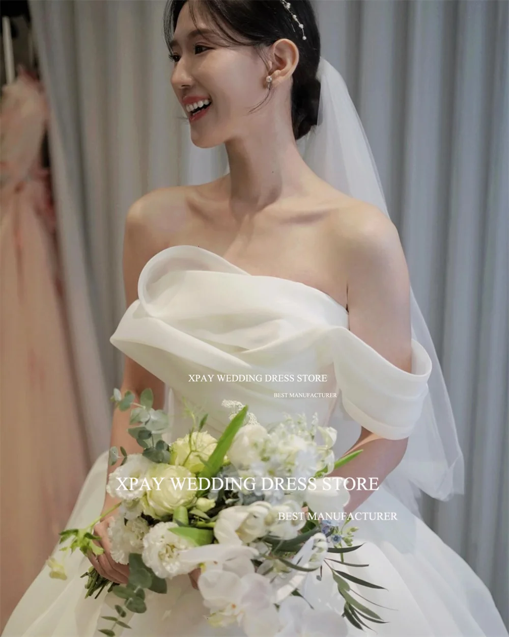 XPAY Elegant Off Shoulder Korea A Line Wedding Dresses Tiered Organza Bridal Gown Custom Customised Pleats Bride Party Dress