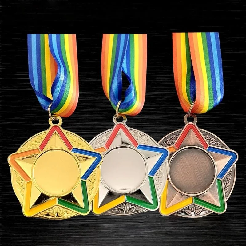 1Pcs Five Star Colour Medal With Color Ribbon Gold Silver Copper Color Medal For Various Competitions Souvenir Blank 〔Nest〕