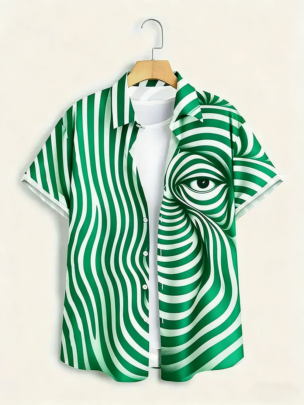 Summer Surreal Psychedelic Swirl Stripe Art Pattern Short Sleeve Hawaiian Shirt Loose Fit Beach Holiday Party Button‑Down Shirts
