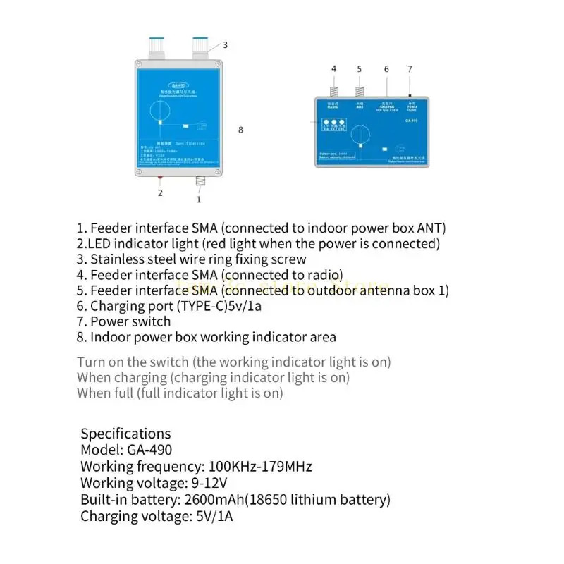 

GA-490 100KHZ-179MHZ Active Receiving Antenna Antenna Outdoor Shortwaved Antenna Build-In 2600mAh Battery