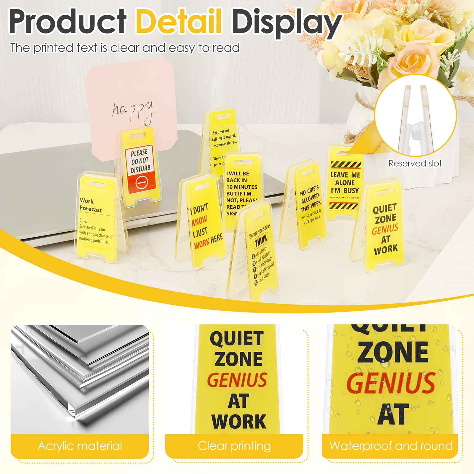 18Pcs Funny Desk Sign with Sticky Note Holder Mini Acrylic Yellow Caution Desk Sign Funny Office Decoration for Coworkers