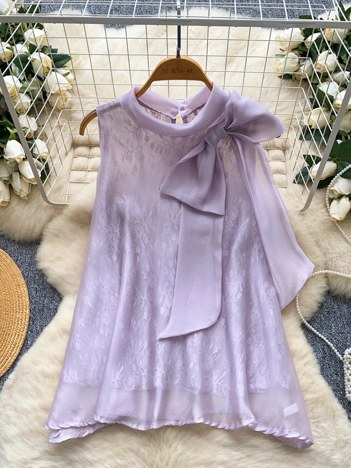 Elegant Summer Lace Splice Sleeveless Knot Net Shirt Women's Fashionable Slimming Korean Style Loose Fit Blouse